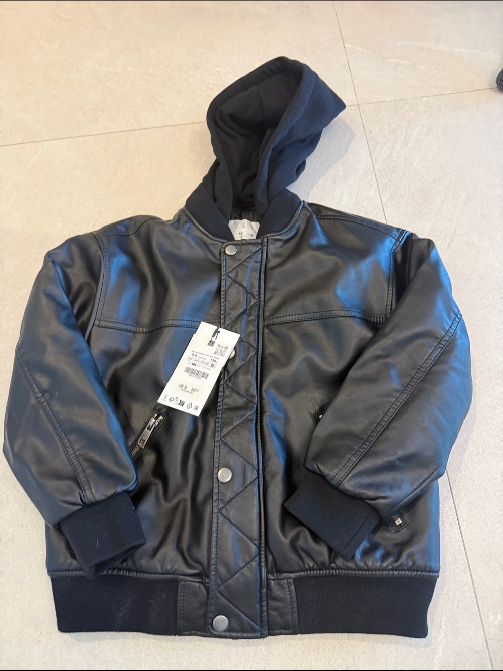 Zara Kids Black Faux Leather Hooded Jacket